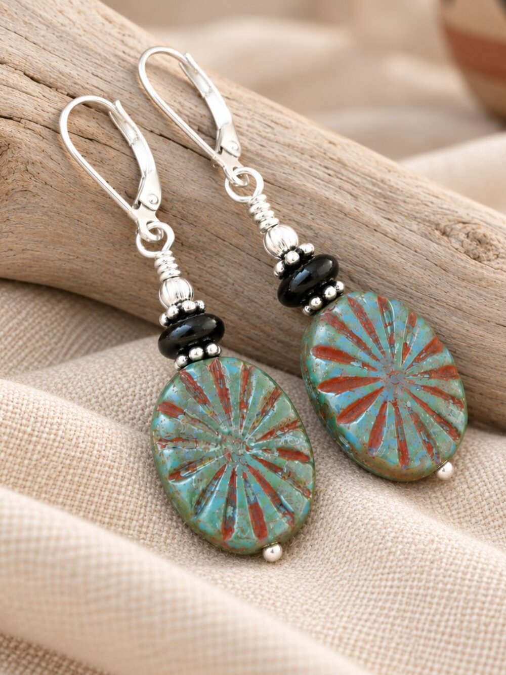 Western Earrings Czech Glass Concho With Onyx, Sterling Silver, Leverback
